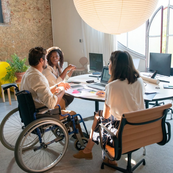 imagen de varias personas trabajando, en una reunión de trabajo, una de ellas en silla de ruedas